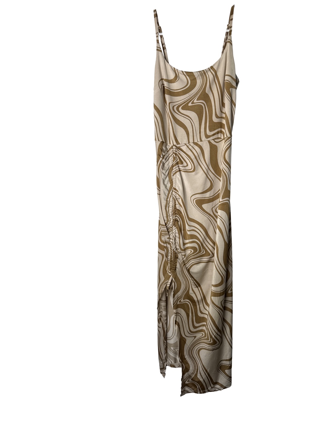 Forever 21 Y2k Maxi Cami Sheath Dress Beige Brown Swirl Spaghetti Strap Slinky M